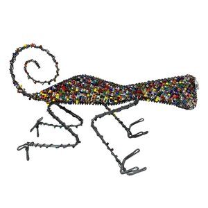 South Africa Handmade Glass Bead Wire Chameleon Lizard Card Pen Holder Vintage